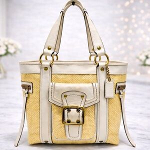 Coach Vintage Legacy White Leather Woven Straw Rattan Tote Satchel Y2K